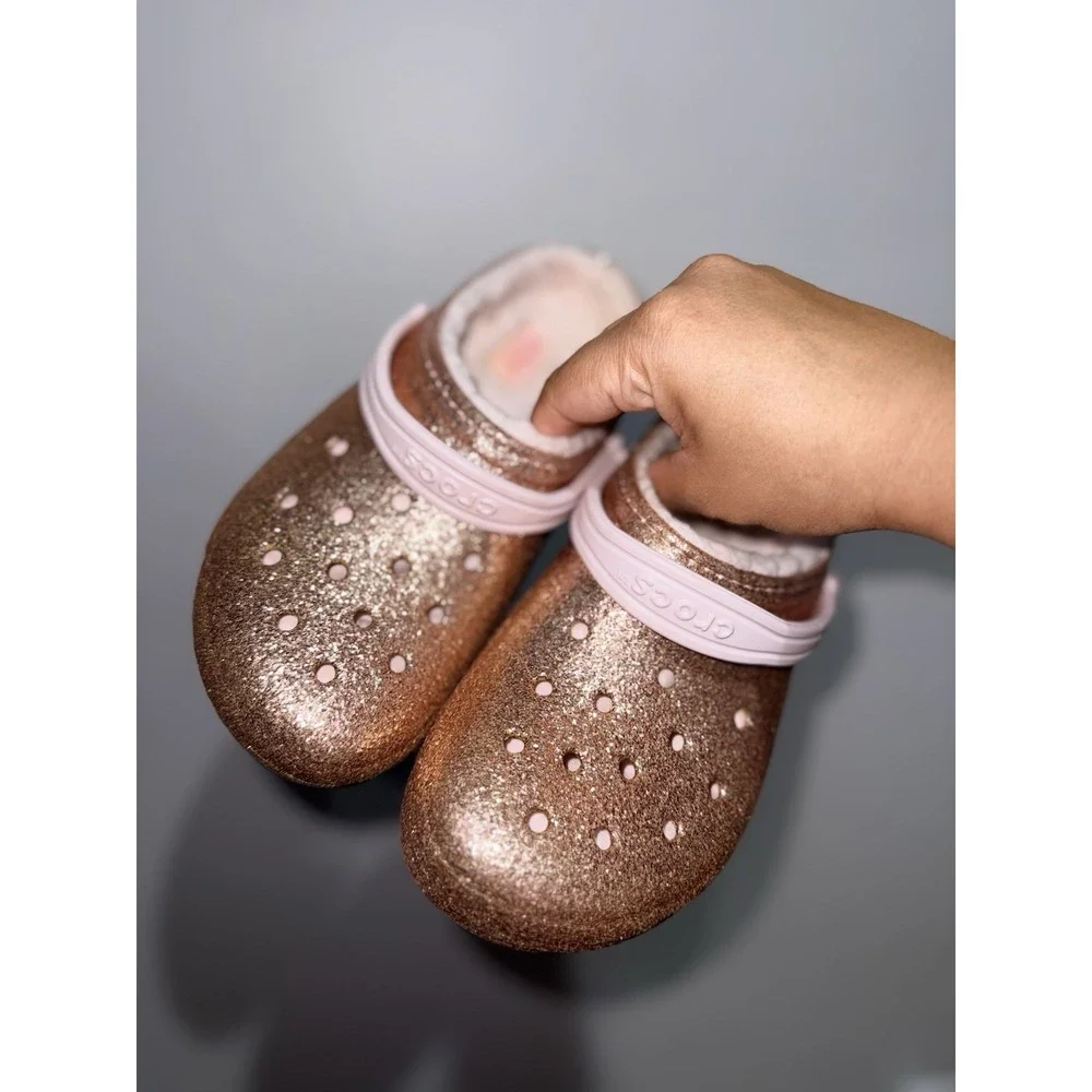 Crocs Classic Pink RoseGold Glitter Girl's J5 Faux Fur Lined Clogs Bling Flash R